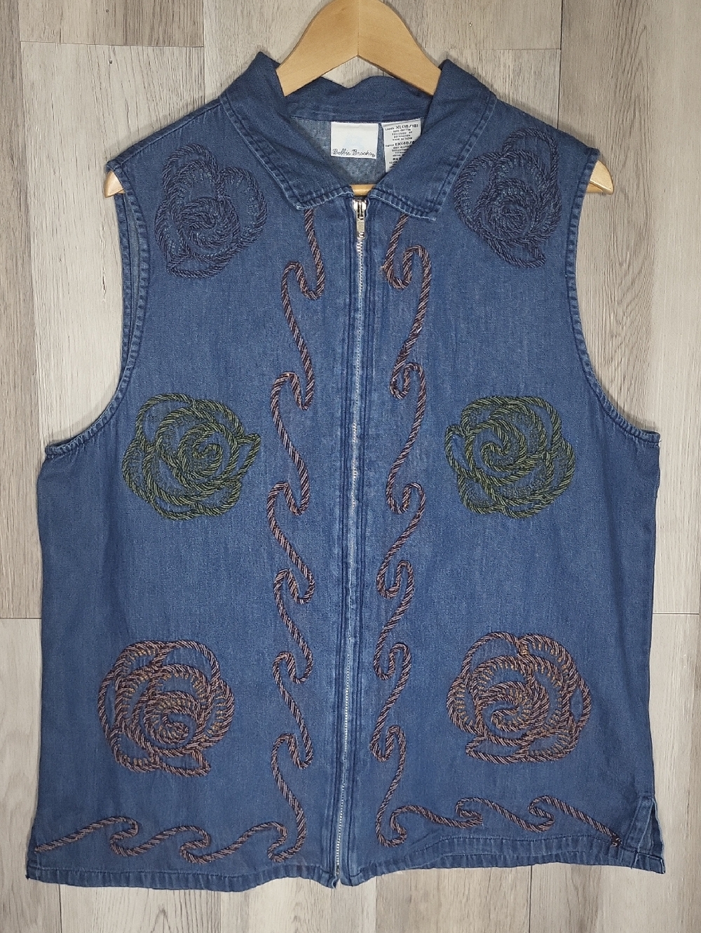 Vintage Bobbie Brooks Denim Vest XL Embroidered Floral Zip Front Cottagecore